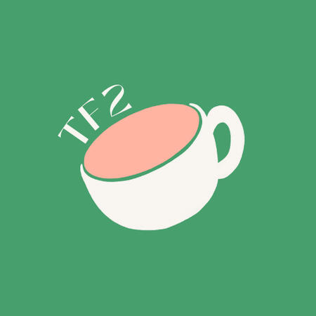 an illustration of a coffee cup on a green background, with the text "TF2" above the illustration.